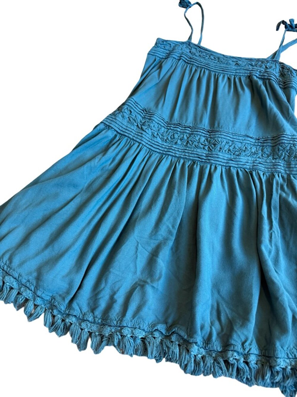 Floreat Tiered Mini Dress Bold Teal Tie Strap Flowy Bohemian Boho Size Small - Picture 6 of 13